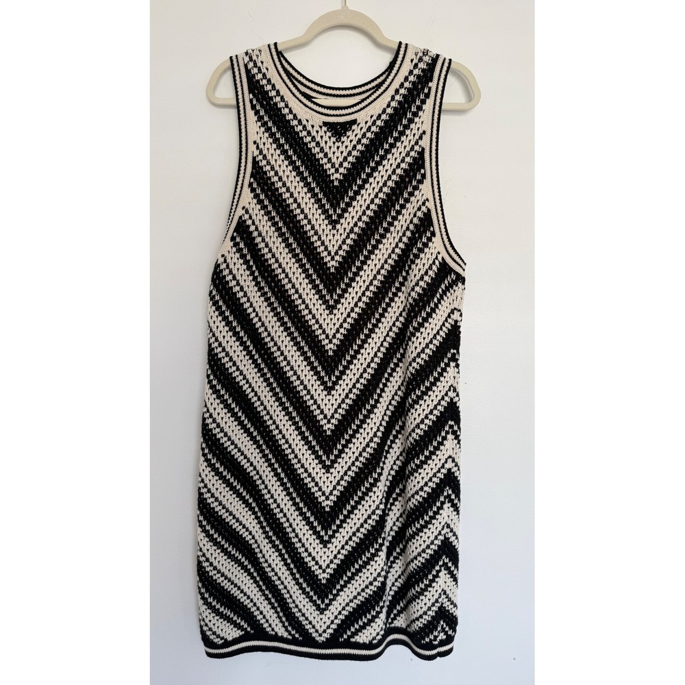 Gap Black &‎ Ivory Chevron Knit Sweater Tank Dress Sleeveless Stretch Midi Lined